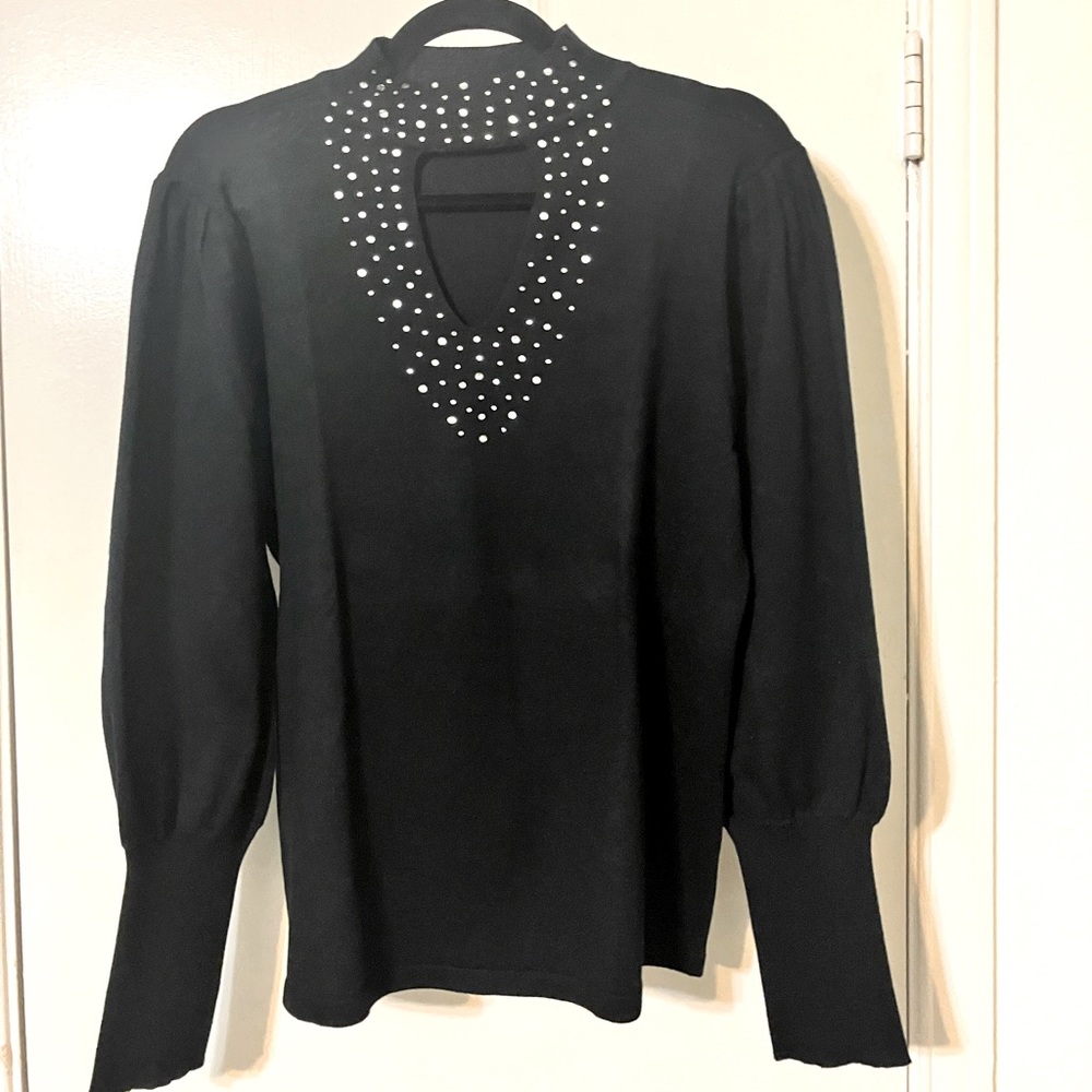 New York & Company Women's Heatset Studs Cutout Neck Sweater Top Black XXL
